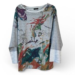 Inoah Grey Abstract Print Slouchy Sweater Womens L Lagenlook Artsy Casual Cozy